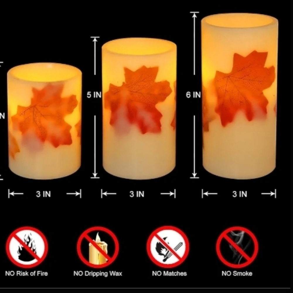 PRIMROSE Set of 3 Flameless Real Wax Pillar Candles Flickering Maple Leaves
